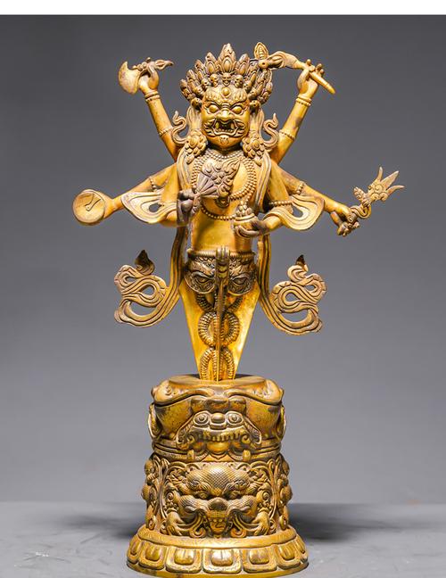 三漫陀36cm纯铜鎏金六臂马哈嘎拉佛像藏式做旧大黑天财神供奉摆件