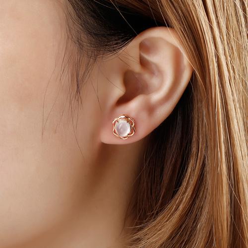 初源18k玫瑰金镶嵌钻石翡翠耳钉女 时尚简约天然冰种蛋面耳环