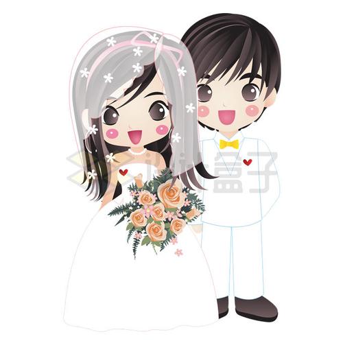 可爱穿婚纱的卡通新娘和新郎一对新婚夫妇3983330矢量图片免抠素材