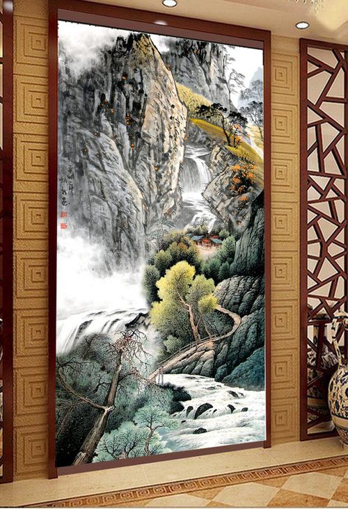 【psd】国画风景山水画大展鸿图瀑布中国画玄关