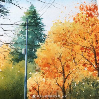 【米蒂水彩风景】#遇见艺术# 一幅唯美浪漫的秋天系列水彩作品《秋の