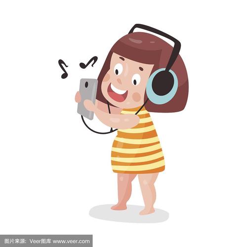 可爱的卡通小女孩听音乐用耳机彩色的人物矢量插图