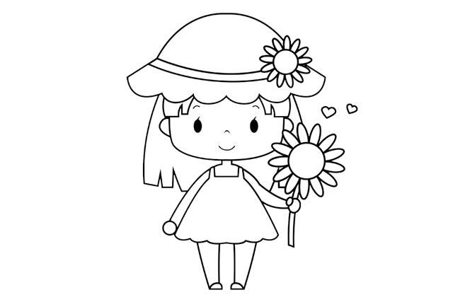 可爱小女孩简笔画步骤图片教程手拿向日葵