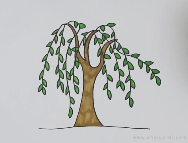 3,最后用棕色涂树干,叶子用绿色涂,简单的柳树就画好啦.
