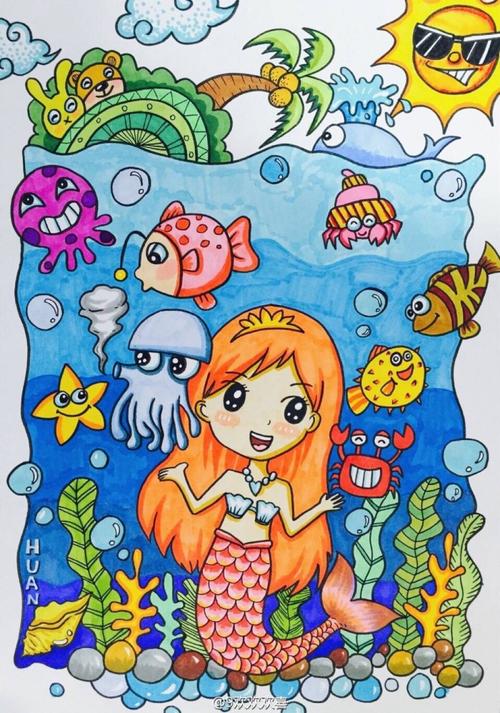 67美人鱼简笔画怎么画海底世界儿童画美人鱼绘画作品美人鱼儿童画