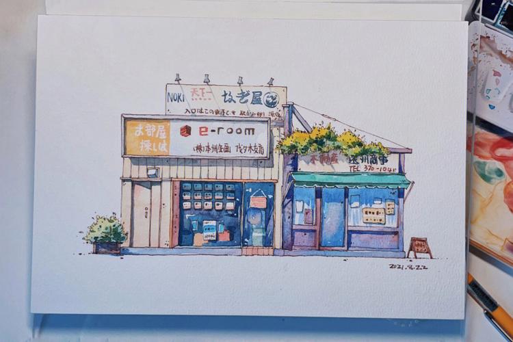 钢笔淡彩日式街屋水彩画