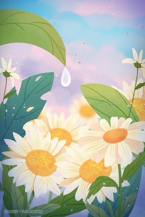 小清新花朵手绘治愈唯美植物露水景色插画图片-千库网