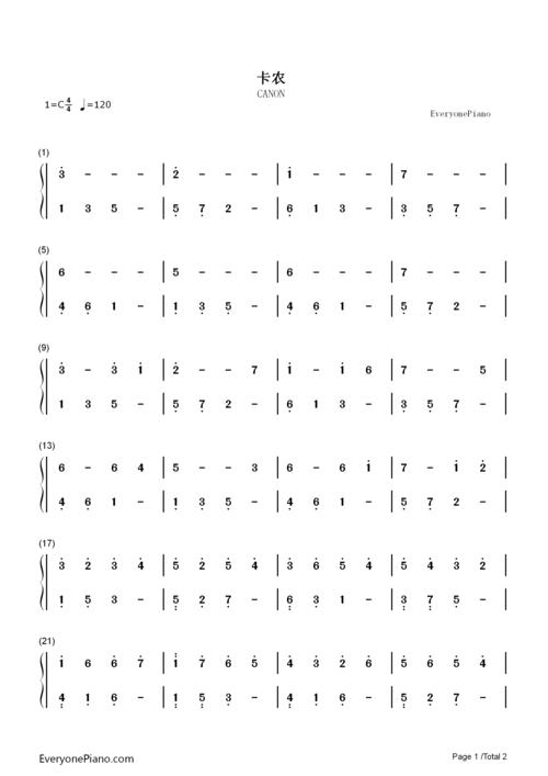 卡农-canon-c大调初学者版双手简谱预览1-钢琴谱文件(五线谱,双手简谱