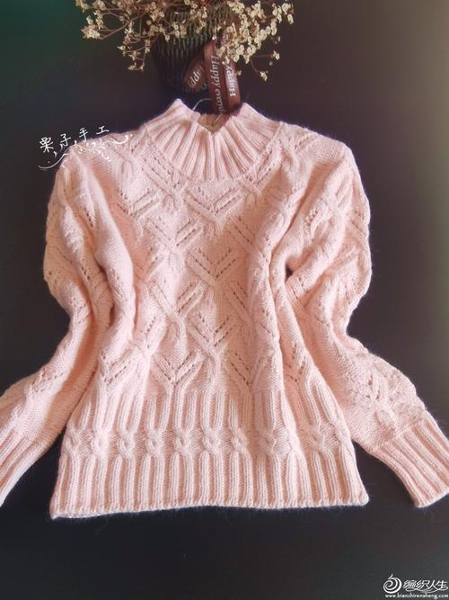 粉樱 粉色貂绒女士棒针y形花样套头毛衣-编织教程-编织人生