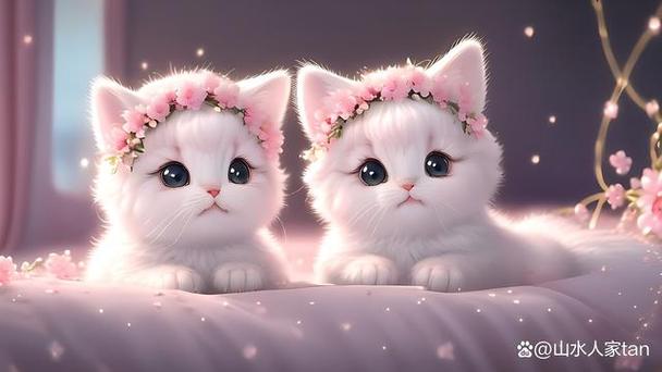 两只相依相偎萌萌的粉色小猫