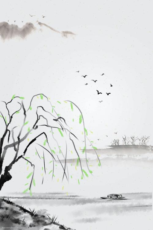 传统文化 水墨画 水墨风格 山水 鸟 柳树 植物 灰色 黑色 绿色柳条