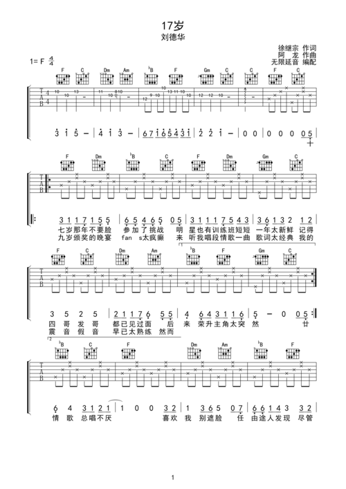 17岁-无限延音f调六线pdf谱吉他谱-虫虫吉他谱免费下载
