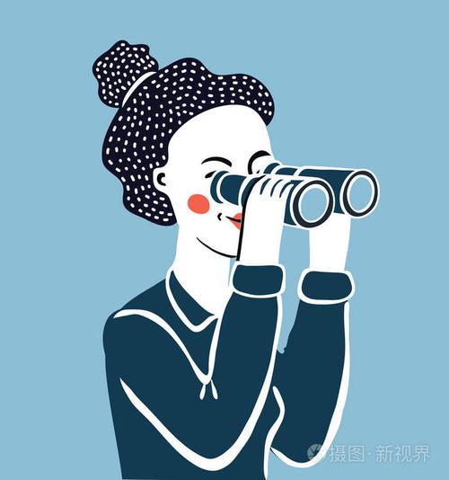 矢量卡通搞笑插画的女人看透过双筒望远镜