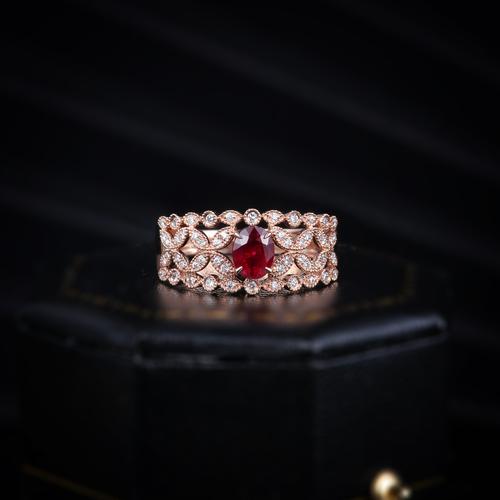 dechuang18k玫瑰金红红宝石戒指复古法式宫廷轻奢定制手饰