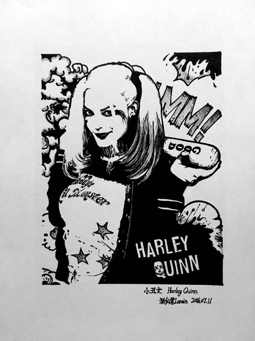 小丑女哈利奎恩黑白素描线稿手绘插画