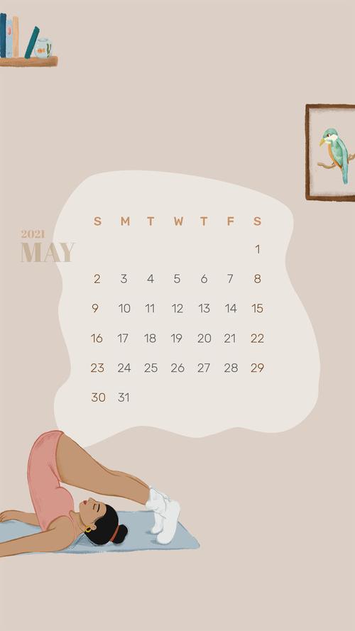 手机壁纸psd手绘生活方式图片,2021年5月,瑜伽日,2021年5月日历壁纸