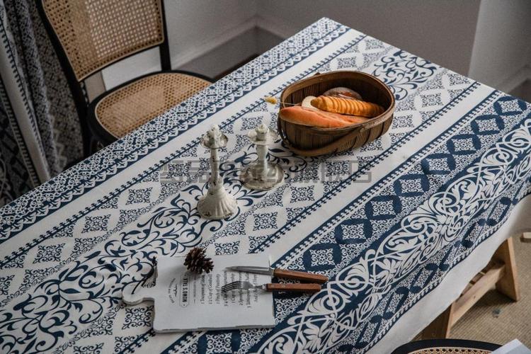 时尚长方形餐桌布桌布棉麻印花青花瓷复古桌布餐厅布艺餐桌布台布厨房