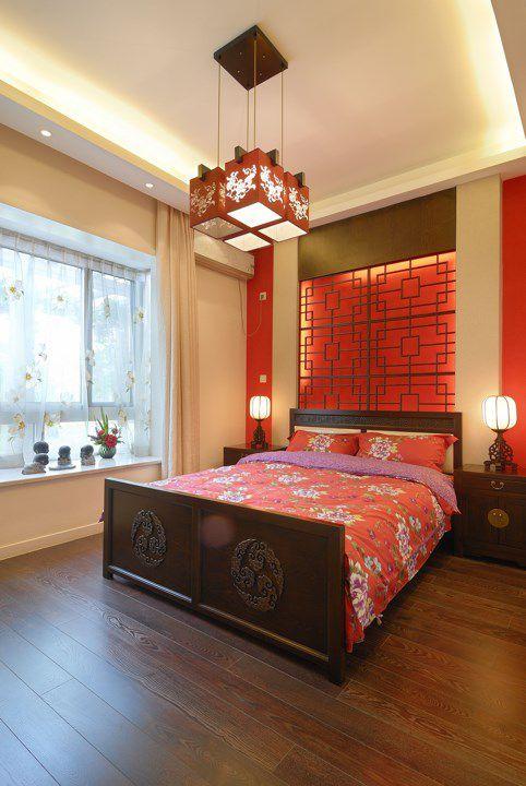 中式红色的婚房卧室效果图