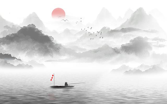 中国风水墨国画山水远山云海山河背景墙元素插画海报古风中国风古风