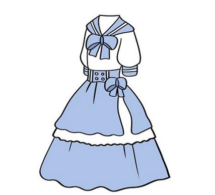 蝴蝶结,袖口,裙摆等涂上蓝色,这样,一件漂亮的动漫裙子的简笔画就完成