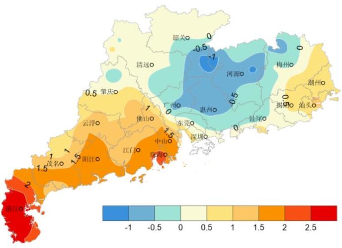 图1 6月5-11日广东省平均气温,气温距平(℃)分布