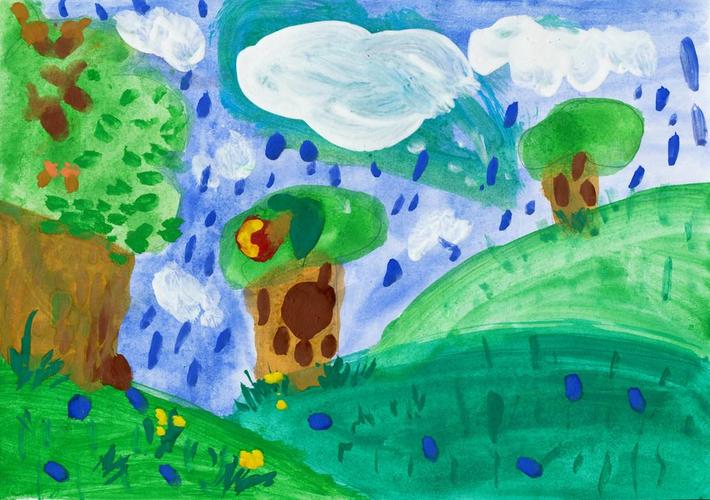 儿童画水彩.景观和树木和雨