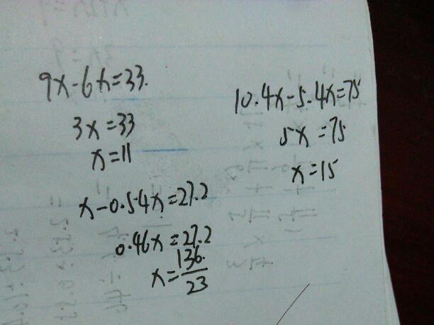 解方程 9x-6x=33 x-0.54x=27.2 10.4x-5.4x=75