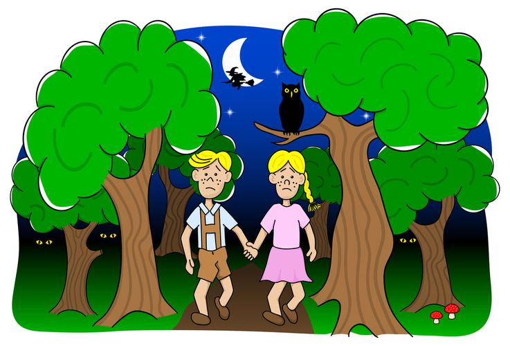 两个孩子漫步穿过森林