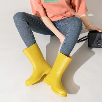 雨鞋女时尚外穿日系雨靴中筒防水轻便水鞋新款水靴防滑胶鞋哑光黄色35