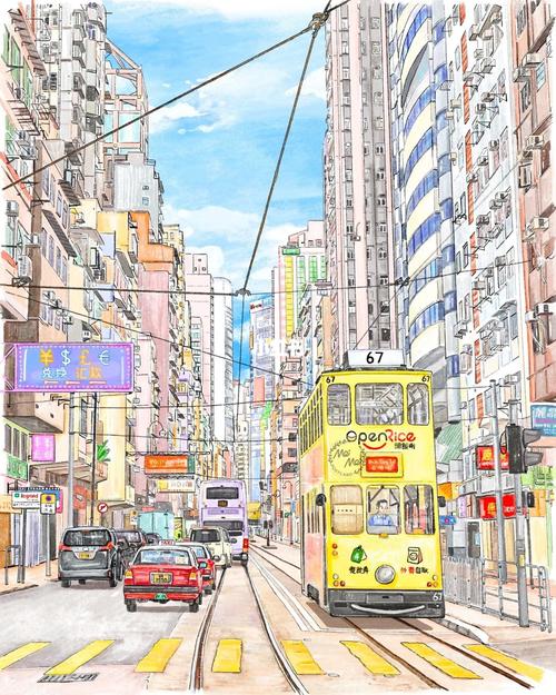 香港电车  #香港   #手绘明信片  #香港明信片  #街景手绘 #画画的