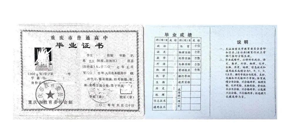 重庆市高中毕业证翻译参考模板