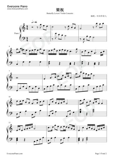 梁祝-简单版五线谱预览1-钢琴谱文件(五线谱,双手简谱,数字谱,midi