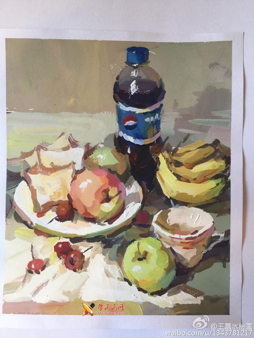 水粉画静物图片:可乐瓶,苹果,面包,香蕉,白瓷盘组合
