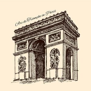 web 和移动应用程序设计, 半圆徽标概念凯旋门,巴黎,法国抽象水彩背景