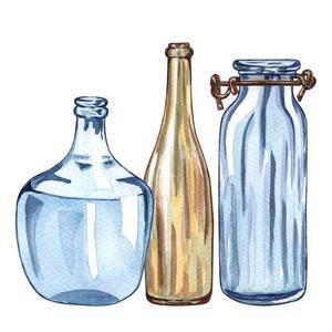 透明彩色玻璃瓶. 水彩各种玻璃瓶.