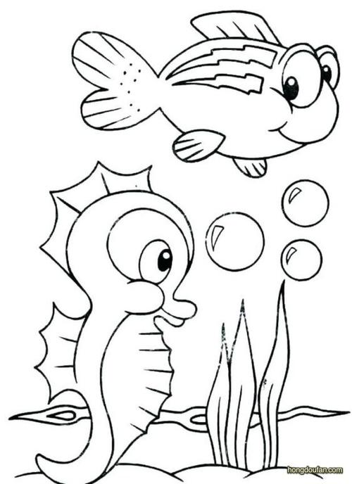 海底世界的小鱼海马水草和泡泡海底世界简笔画大全