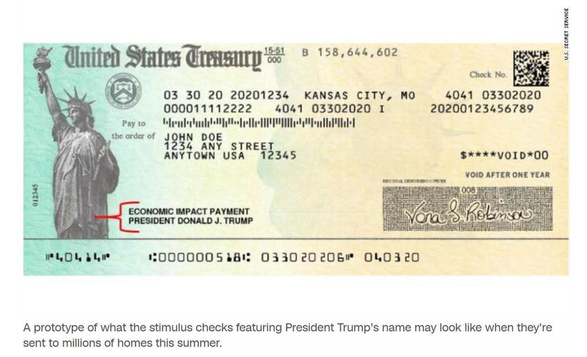 包含特朗普签名的经济刺激支票样本.(图片来源:美国有线电视新闻) )