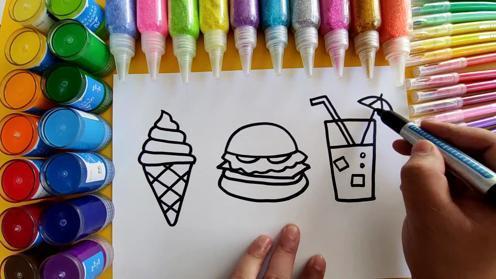 儿童画简笔画教学画冰淇淋汉堡和果汁