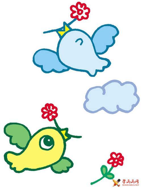 简笔画图片大全画中2只卡通小鸟衔着花朵在天空自由的飞翔白云