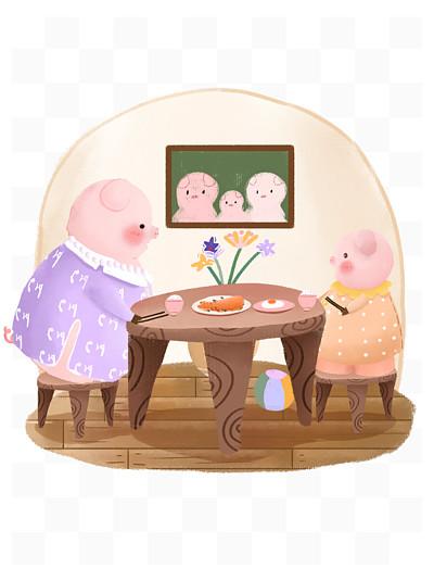 生肖动物猪吃饭 i>卡 /i> i>通 /i>可爱儿童手绘插画元素