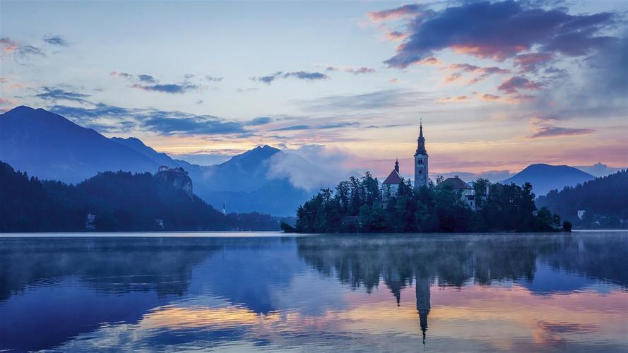 布莱德湖,斯洛文尼亚,马林斯基堂,黎明 壁纸 - 1600x900