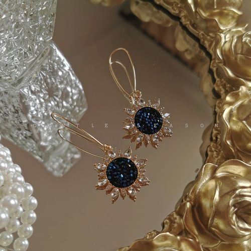 蓝色尼罗尼罗河河畔蓝宝石水晶法国设计师金色优雅耳环