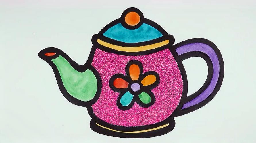 1茶壶简笔画:首先画一个小花,然后画出茶壶的壶身,盖子,茶壶嘴和手柄