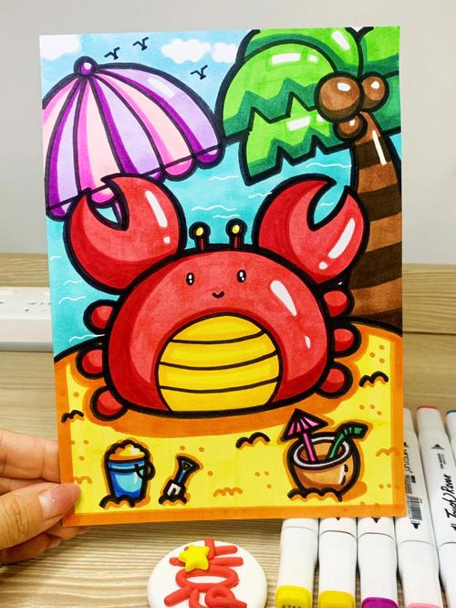 小螃蟹图片版马克笔手绘卡通儿童画附色号