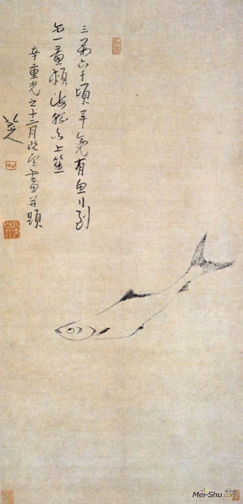 《游鱼图》清朱耷纸本墨笔朱耷是花鸟画巨匠,其晚期的花鸟画,笔势朴茂