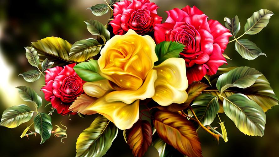 金色和红色玫瑰花,美术图片 壁纸 - 1600x900