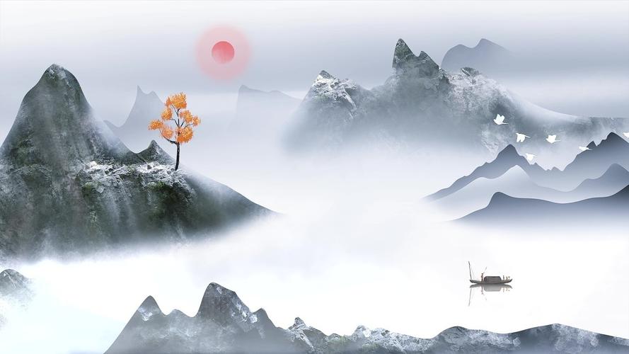 新中式仙气水墨山水风景背景视频pr模板