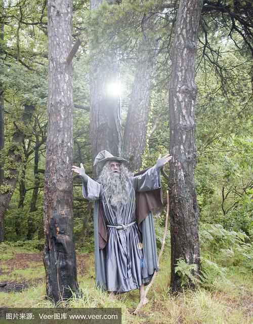 在森林里施展法术的成熟巫师