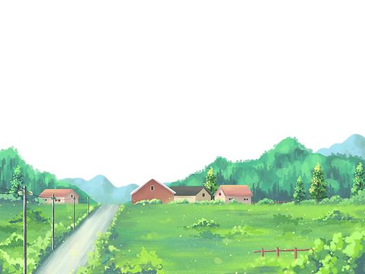 绿色手绘卡通美丽乡村唯美农村风景草地元素png素材