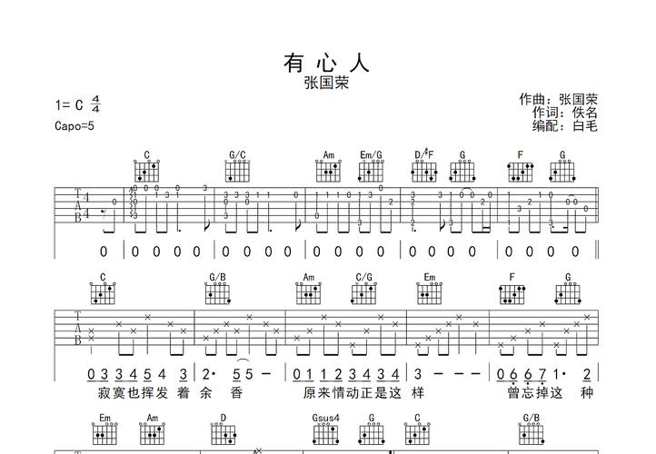 有心人吉他谱_张国荣_c调弹唱88%原版 - 吉他世界
